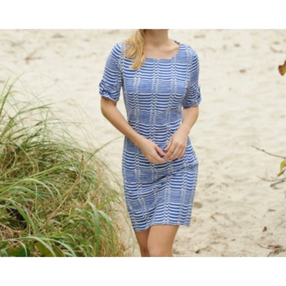 Ellie Kai blue and white waves boatneck sheath dress 4